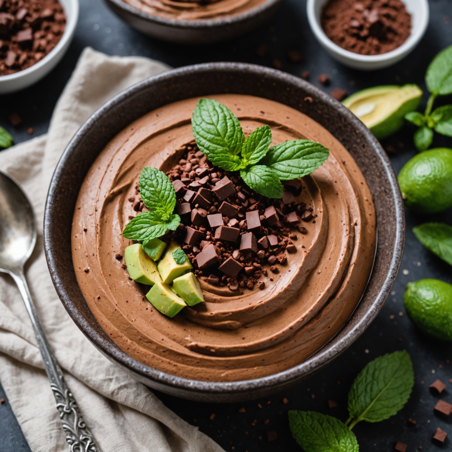 Creamy avocado chocolate mousse with mint garnish