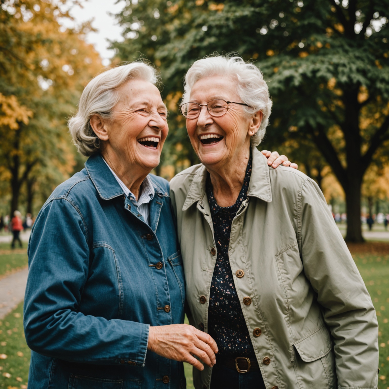 Elderly friends laughing in park