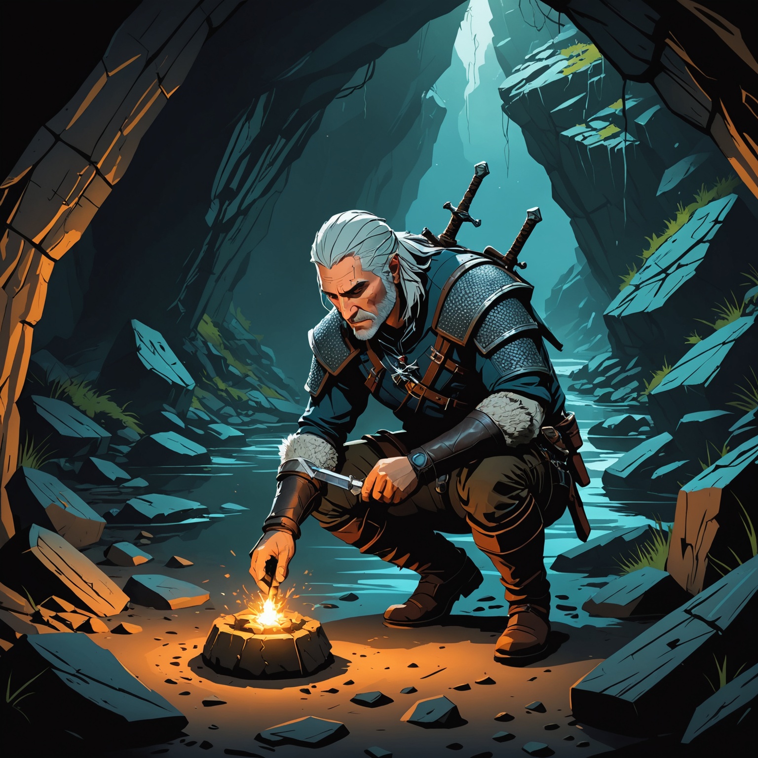 Geralt examining mysterious artifact