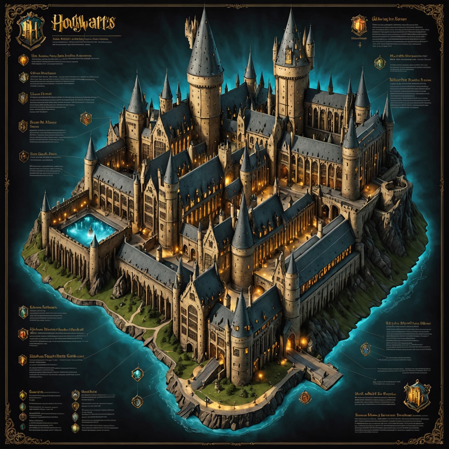 Illustrated map of Hogwarts with hidden features Illustrated map of Hogwarts with hidden features