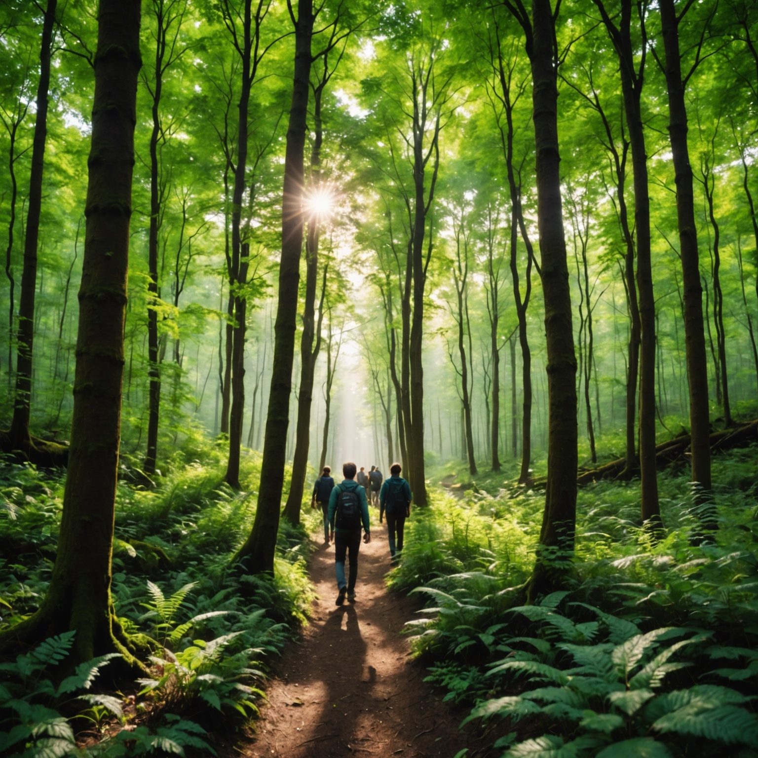 People walking in a green forest