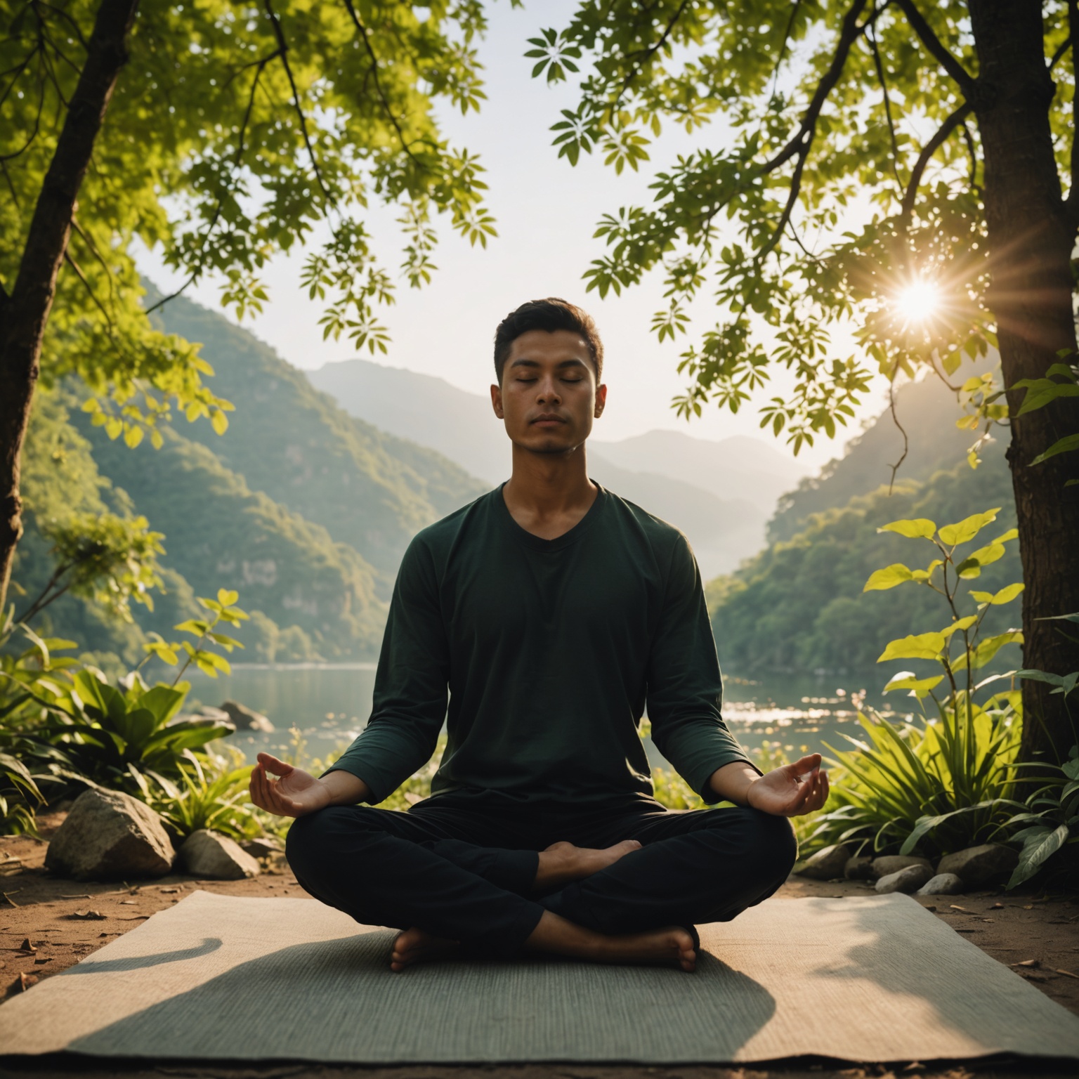 Person meditating peacefully away from social media Person meditating peacefully away from social media