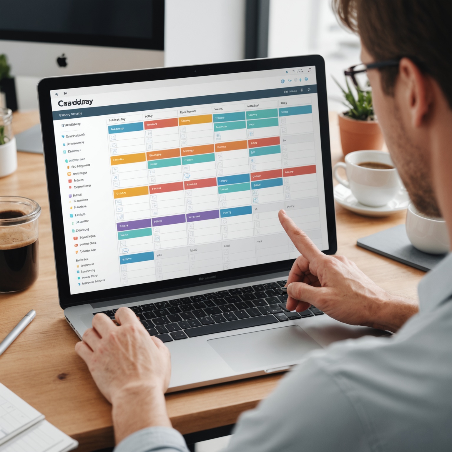 Person organizing weekly tasks on digital calendar
