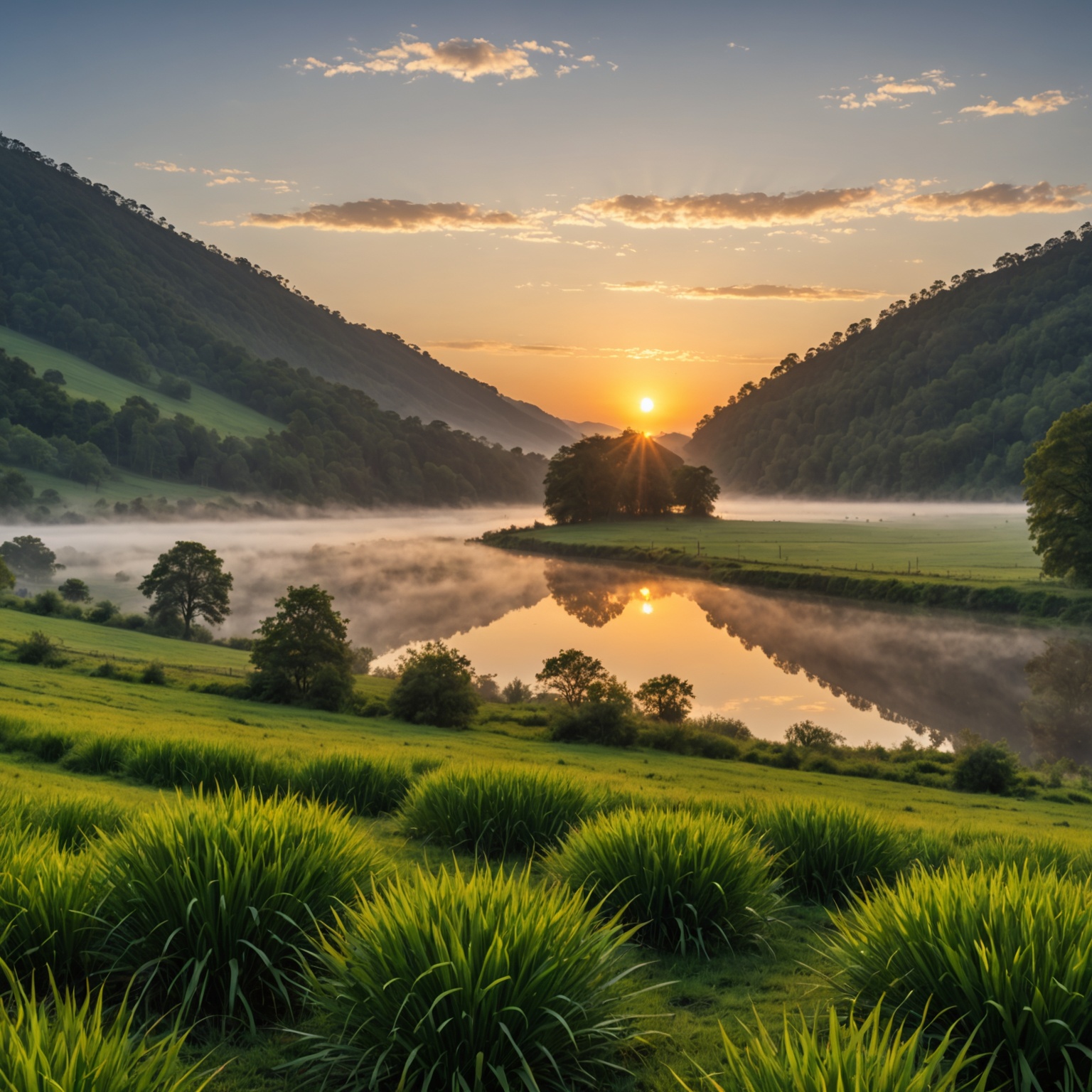 Serene morning landscape with sunrise Serene morning landscape with sunrise