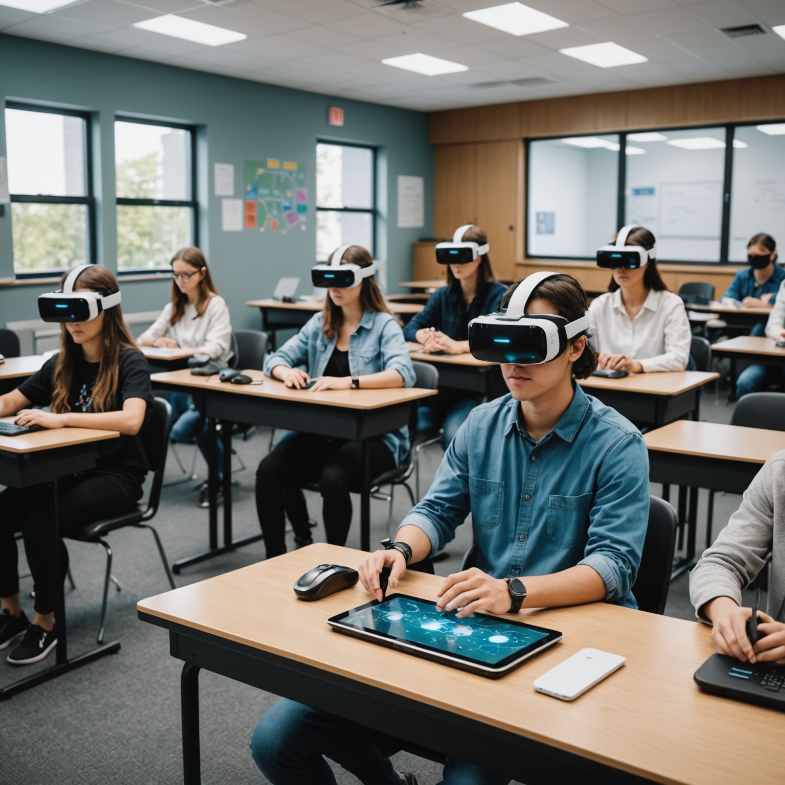 Students using AI virtual reality in classroom to study biology Students using AI virtual reality in classroom to study biology