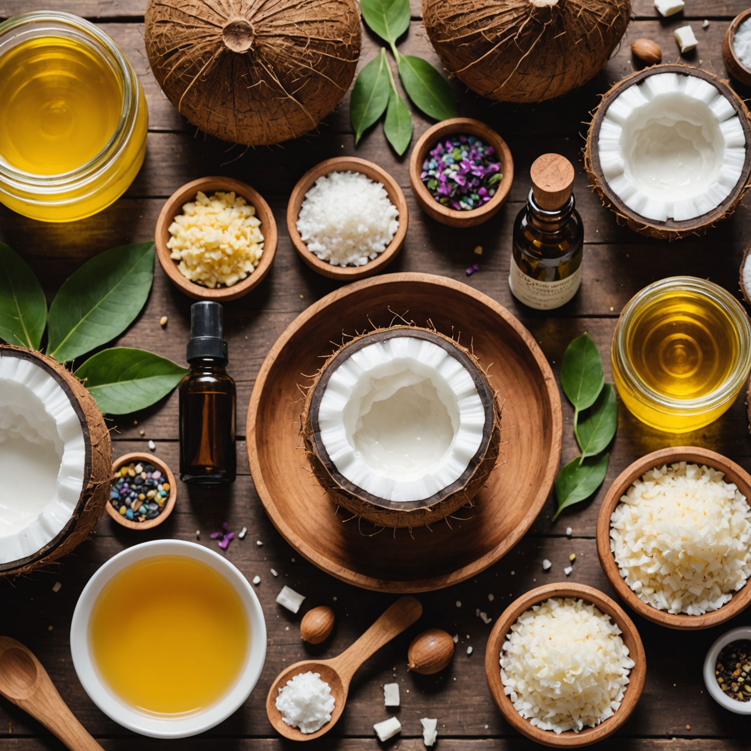 Variety of natural ingredients on wooden table