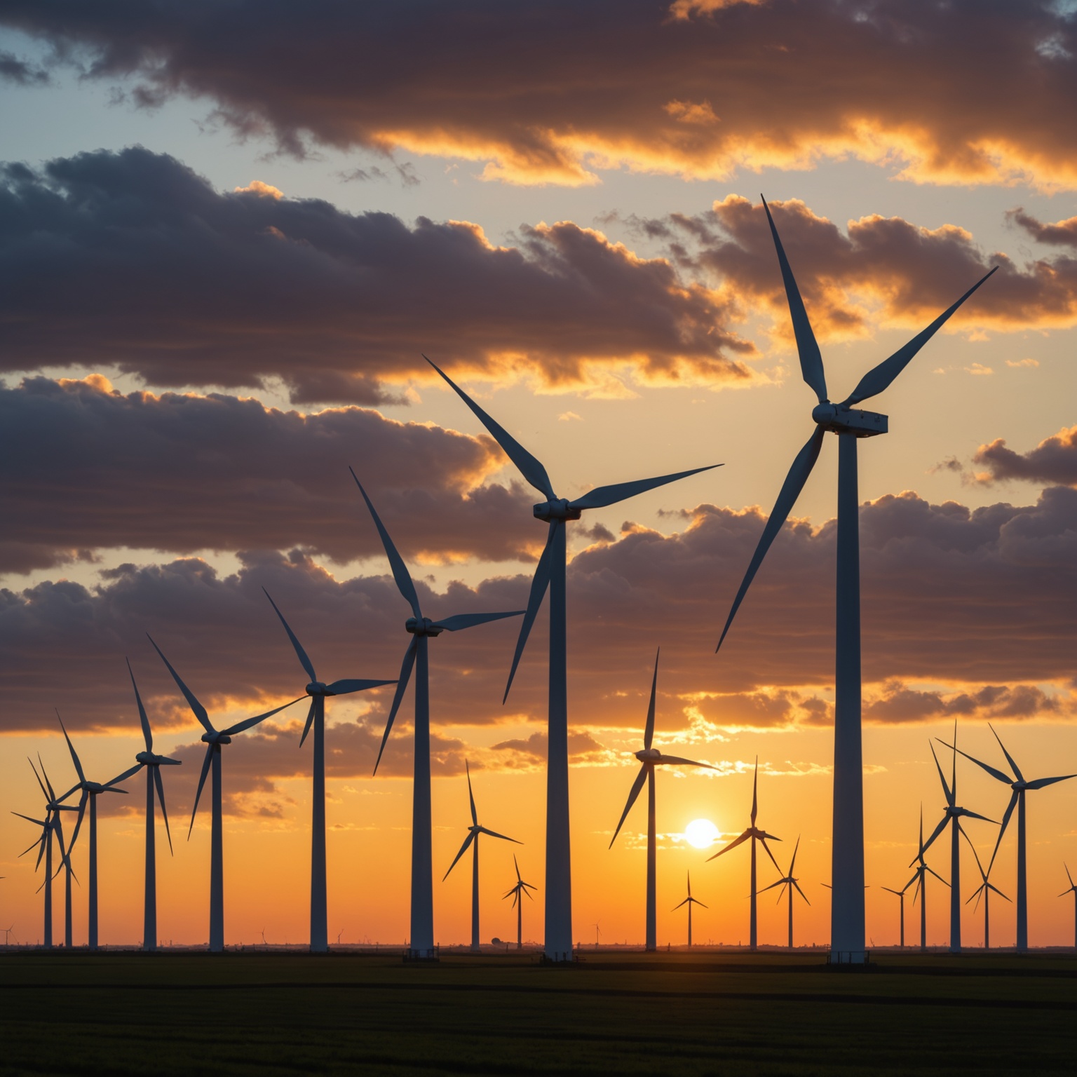 Wind farm turbines at sunset